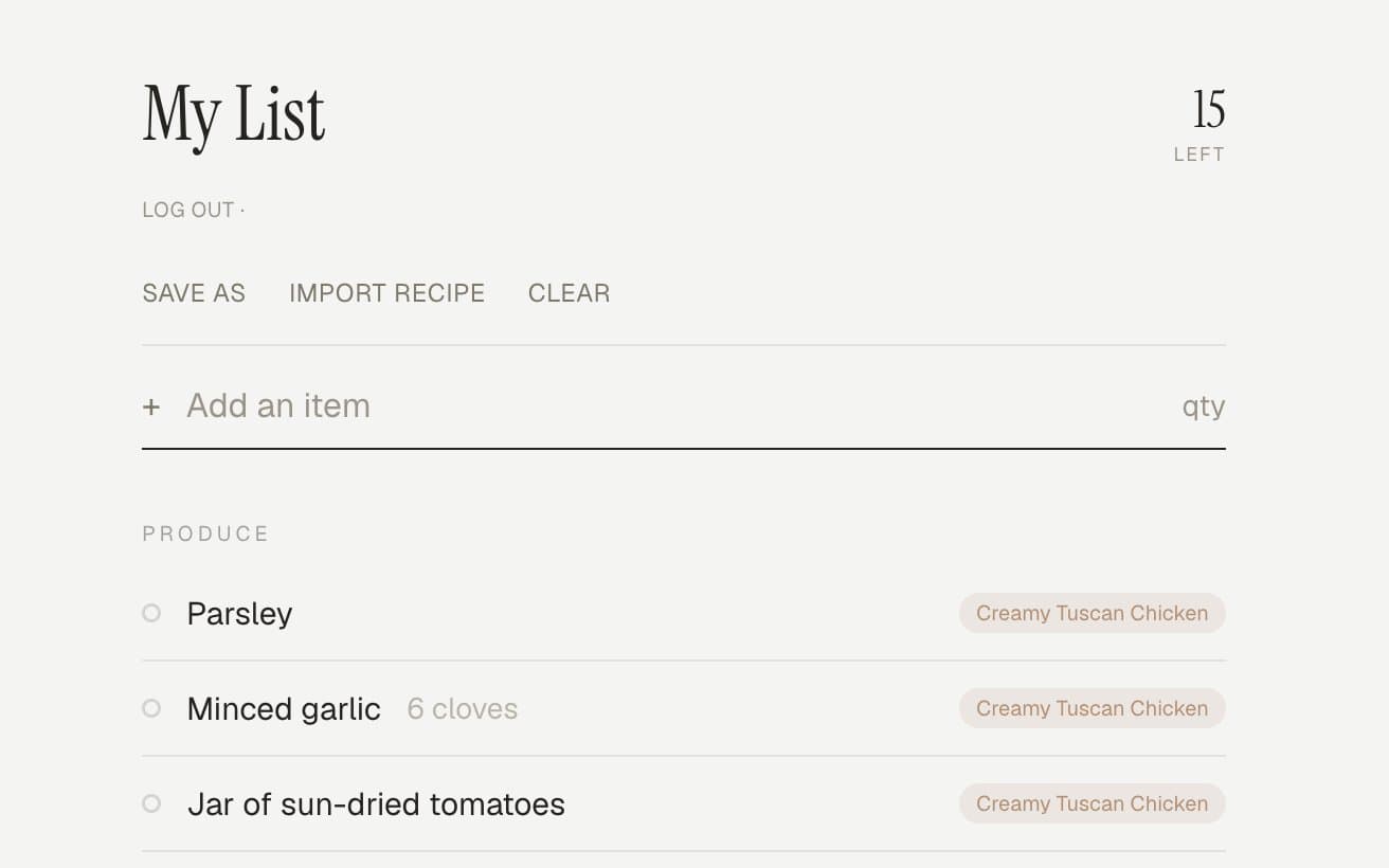 The Shopping List app: My List with 15 items left, an Add an item field, and produce items each tagged with the recipe it came from.